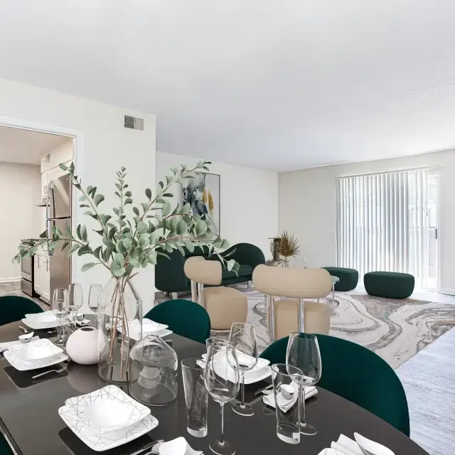 Spacious open-concept dining and living area inside an Elea apartment in Marietta, GA