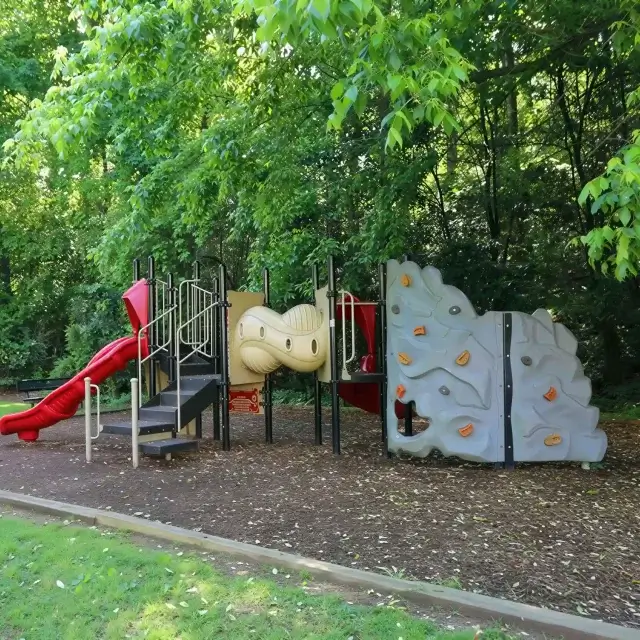 Community playground surrounded by mature trees at Elea Apartments in Marietta, GA